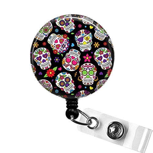 SUGAR SKULL Badge Reel, Day of the Dead Skull Badge Reel, Sugar Skull Retractable ID