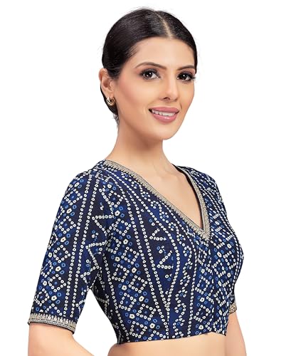 Image of Studio Shringaar Women's Cotton Bandhni Printed & Embroidered Saree Blouse With Elbow Length Sleeves