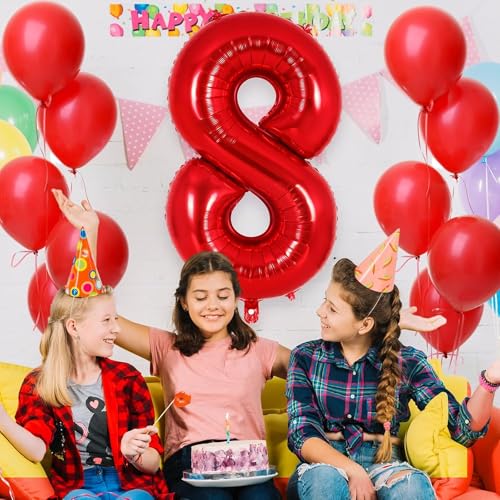 Image of Red 8 Number Foil Balloon with Crown & Base Balloons | 32 Inch Helium Supported for Birthday, Anniversary, Baby Shower Decoration - Pack of 14