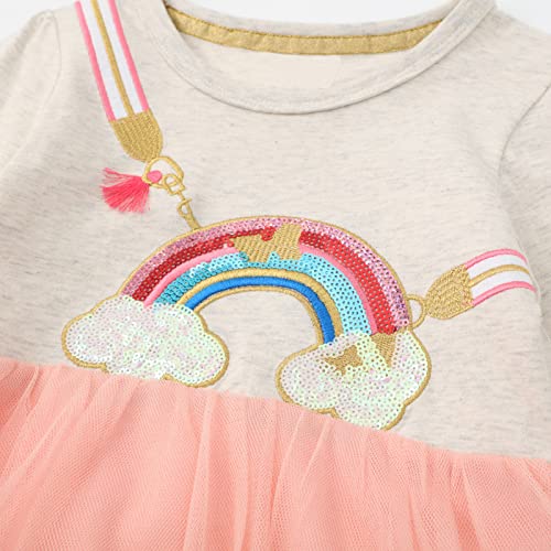 Image of Girls Cotton Long Sleeve Casual Cartoon Appliques Striped Jersey Dresses
