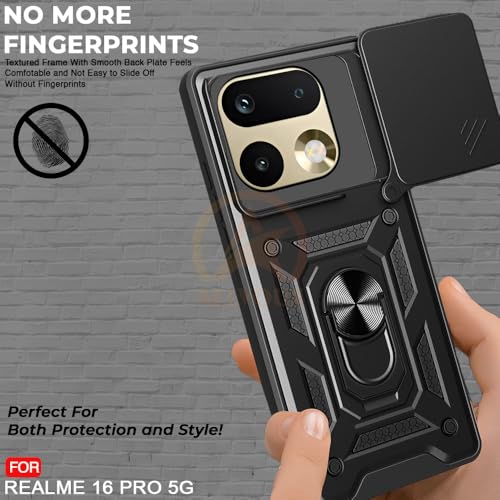 Image of Armor Bumper Back Cover Case for Realme 16 Pro 5G Rotating Camera Cover, Ring Holder & Kickstand | Heavy Duty & 360 Degree Protection Realme 16 Pro 5G Back Cover (Black)