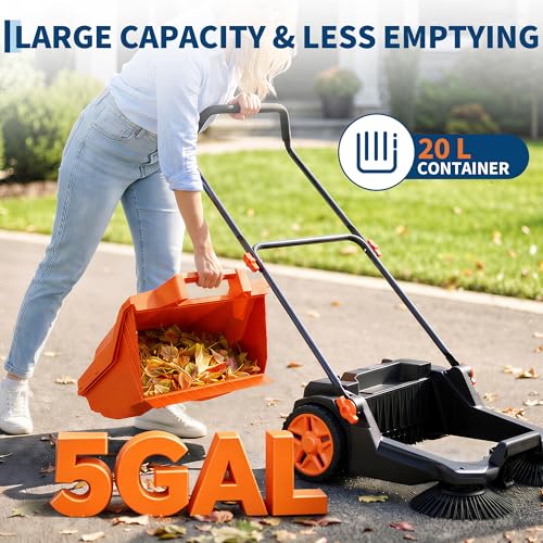 Image of Walk-Behind Floor Sweeper, 25.6 in Sweeping Width, Outdoor Hand Push Sweeper, 5 Gallon Waste Container, Adjustable Folding Handle for Garage Patio Yard Driveway
