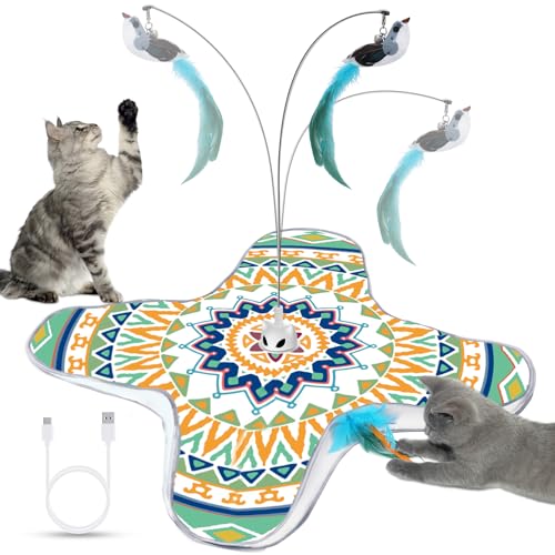 Temracha Interactive Cat Toy, Rechargeable Cat Toys for Indoor Cats, Automatic Cats Chasing Toy, Hide & Seek, 2 Modes, Self-Holding Suction Base, 3-in-1 Feather Toys with 1 Teaser Pole, 4 Replacements