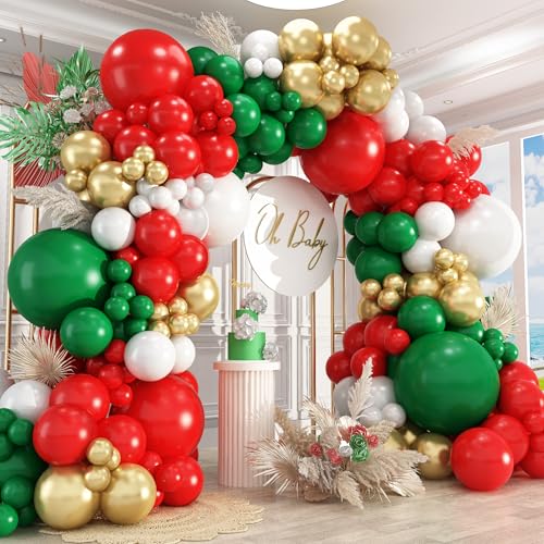 Image of 412pcs Red Green White Balloon Garland Arch Kit, 18 12 10 5 inch Different Sizes Red White Dark Green Balloon for Birthday Christmas New Year Party Decor