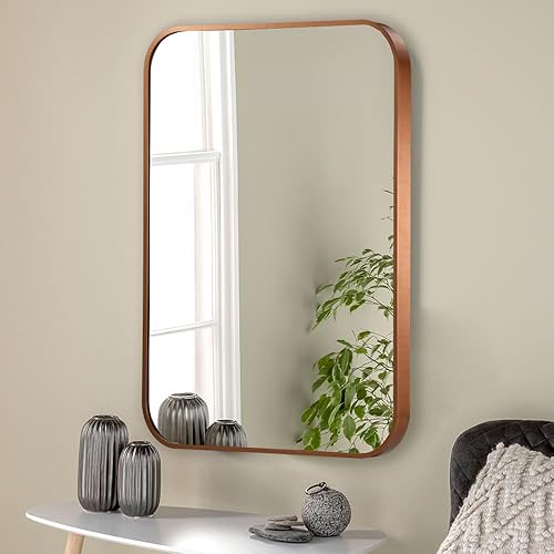 Miniatura 3 de Espejo de baño de bronce de 22 x 30 pulgadas, espejo rectangular con marco de metal dorado cepillado con esquina redondeada, espejo de tocador de