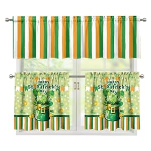 Jeiento Green Stripes Kitchen Curtain Valance and Tiers Set Happy St Patrick's Day Window Decorations Curtain Window Drapes for Living Room Bedroom,3 Piece Set,Size S Jeiento Green Stripes Kitchen Curtain Valance and Tiers Set Happy St Patricks Day Window Decorations Curtain Window Drapes for Living Room Bedroom3 Piece SetSize S