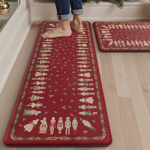 sarben 2 Piece Kitchen Rug Set 44x150cm + 44x75cm – Washable Kitchen Mat Christmas Nutcracker, Anti-Fatigue/Soft/PVC Leather Cushioned, Waterproof & Oil-Resistant, Durable for Office, Standing Desk