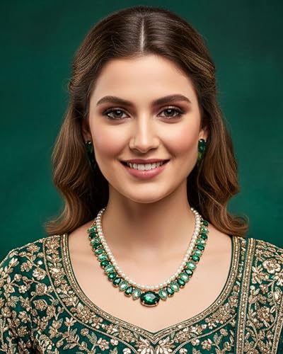 Image of Mansiyaorange Statement AD CZ American Diamond Cubic Zerconia Pearl Necklace Set | Gold Plated Chunky Fashion Jewelry for Women & Girls