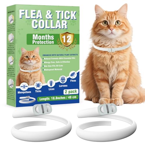 Inpumo Collar Antiparasitario para Gatos, Collar Antipulgas y Garrapatas Ajustable, Gregado con Aceites Naturales, Impermeable, Apto para Todos Los Gatos,12 Meses de Protección (1 Pack) (2 Pack)