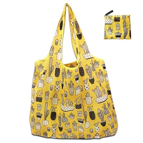 Extra Large Reusable Foldable Ladies Shopping Bag Eco Tote Handbag Fold Away Shopper Bag UK (Yellow Cactus)