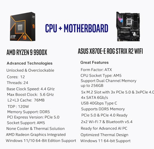 Image of MICRO CENTER AMD Ryzen 9 9900X CPU Processor with ASUS ROG Strix X870E-E R2 Gaming WiFi ATX Motherboard (WiFi 7, 5X M.2, PCIe 5.0, USB4 Type-C)