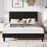 SHA CERLIN Queen Size Velvet Bed Frame with Adjustable Headboard, Diamond Button Tufted and Rivet Decor, No Box Spring Needed, Black