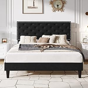 SHA CERLIN Queen Size Velvet Bed Frame with Adjustable Headboard, Diamond Button Tufted and Rivet Decor, No Box Spring Needed, Black