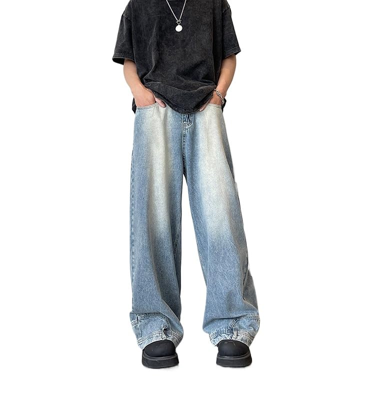 Mens Baggy Jeans Y2k Skater Vintage Plain Pants Casual Fit Denim Hip Hop Jean