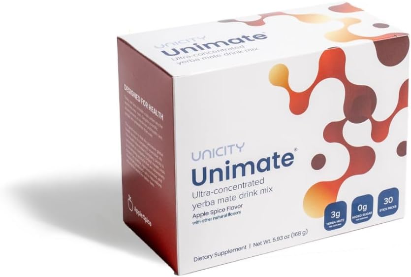 UNICITY UNIMATE APPLE SPICE STICK PACKS - Great Tasting - Ultra Concentrated Yerba Mate Drink Mix (30 Packets). Dietary Supplement. Healthy Alternative to Coffee and Energy Drinks (30-Day Supply)