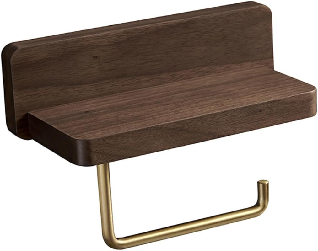 1Pc Wall Mounted Wood and Brass Toilet Paper Holder Stylish Bathroom Tissue Rack with Platform for Phones and Accessories Design for Home Office and Restaurant