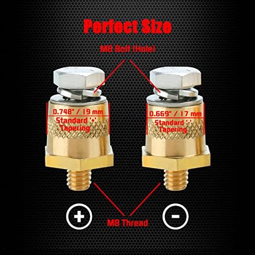 M8 Thread Male Brass Battery Terminal Charging Posts, Ampper M8 Battery Post Adapter (+/-) with Top Bolts for Extension, Pack of 2 - 1