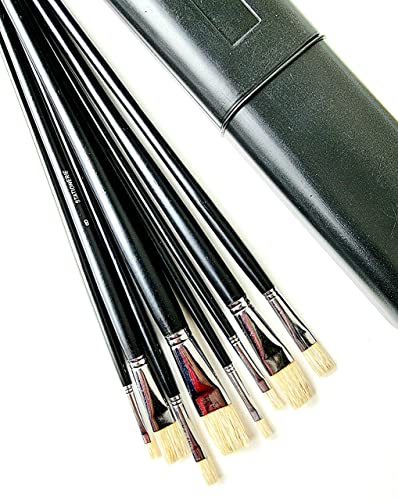 Image of Stationerie Artist Quality Natural Hog Flat Hair Paint Brush Set, 8 Piece Set for Oil & Acrylic Painting Long Handle(Wood)