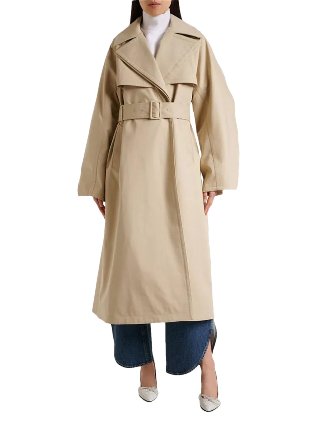 Womens Double Breasted Long Trench Coat Slim Lapel Classic Belted Lapel Overcoat Tops