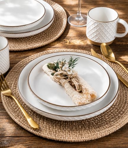 Image of GBHOME Dinnerware Sets for 4, Farmhouse Style Stoneware Plates and Bowls Sets, 12 Pieces Embossed Scratch Resistant Dishes, Dishwasher & Microwave Safe, Off-White