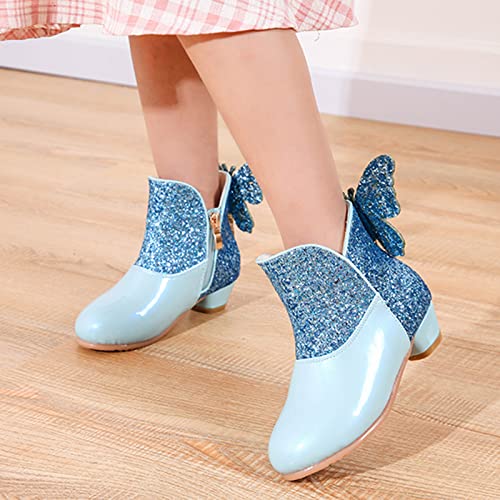 Girls Boys Fashion Ankle Boots Bowknot Side Zipper Low Heel Platform Outdoor Booties Dress Walking Boots Shoes (Blue, 11.5-12 Years Big Kids)3