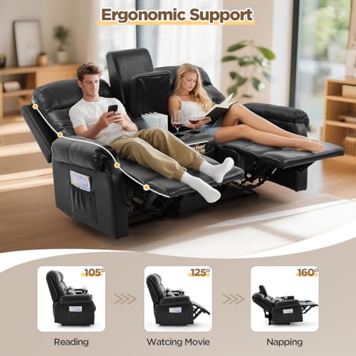Image of RV Loveseat Recliner with Console, Reclining Loveseat Sofa, Manual Home Theater Seating with Pockets /Cup Holders for Living Room /RV Furniture (Black Pu + LED)