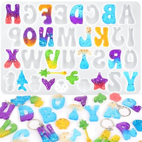 Alphabet Keychain Mold Reversed Letter Keychain Silicone Molds with Holes Alphabet Epoxy Resin Mold for DIY Jewelry Pendant Keychain (Ocean and Letter)