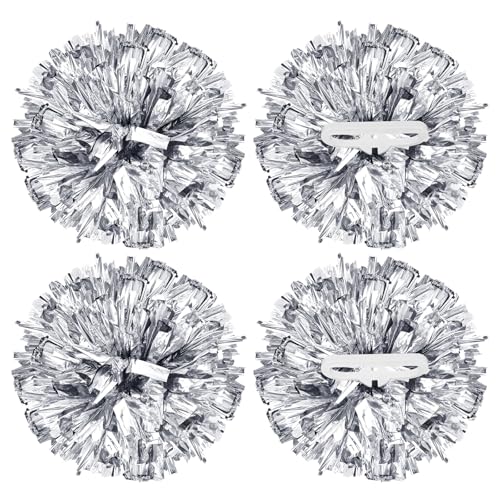 Image of YELARXI Metallic Cheerleading Pom Poms Cheer Pompoms, 12 Inch with Handle Rings Fit for Team Spirit Sports Dance Cheering, (4Pcs, Silver)