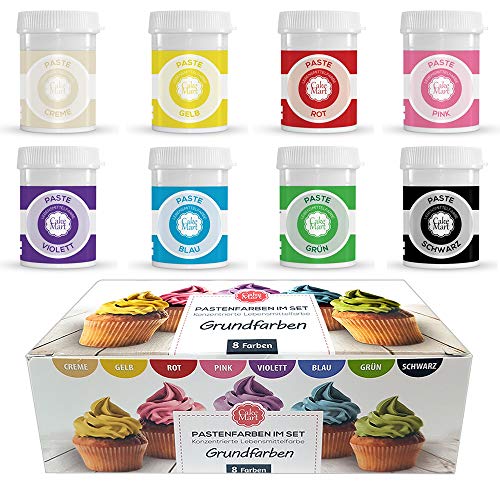 Lebensmittelfarbe Gel / Paste (8er Set) - 8 x 30 g - Hochkonzentrierte Farben-Set für Fondant, Cupcakes, Frosting (Icing Colours), Backen, Kekse, Torten, Macarons von CAKE MART Cover