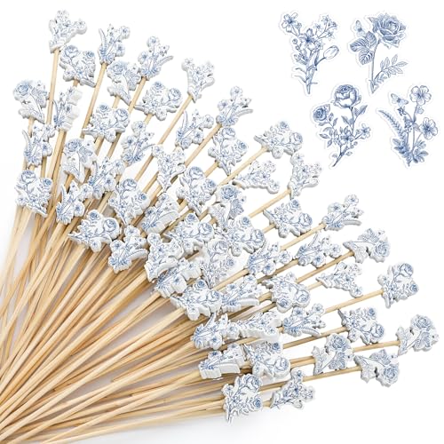 Bokon 200 Pcs Blue White Vintage Flower Cocktail Picks Bamboo Toothpicks Drinks Wedding Party Decoration Food Fruit Party Birthday Holiday Wedding Bridal Shower Outdoor Decoration for Women Men