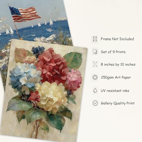 Image of Whaline 9 Pcs Patriotic Wall Art Prints Paper Posters American Flag Floral Oil Painting Pictures for 250th Anniversary 4th of July Independence Day Home Office Gallery Party Decor, Unframed