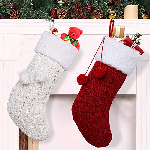 Ourwarm 2Pcs Knit Christmas Stockings, 18 Inch Large Rustic Cable Knit Christmas Stockings With Pom Pom For Christmas Decorations (Cream And Burgundy) #TOP29