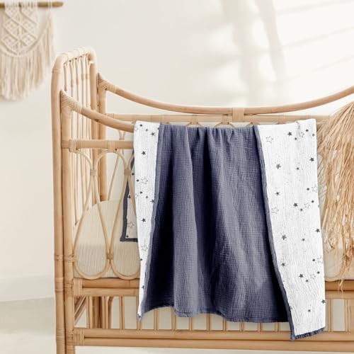 Image of lulumoon Muslin Baby Blanket for Boys - Soft Cotton Receiving Blanket for Infant - 4 Layer Reversible Breathable Crib Bedding for Stroller and Nursery 47 inchx47 inch (Blue Star)