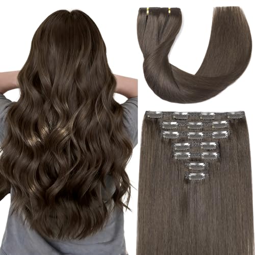 Clip in Hair Extensions Real Human Hair 20 Inch 120g Dark Brown Brazilian invisible Remy Human Hair Clip in Extensions Straight 7 Pcs Per Set with 16 Clips