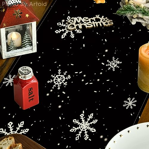 Image of Artoid Mode Black Snowman Snowflake Let it Snow Winter Table Runner, Christmas Kitchen Dining Table Decoration for Home Party Decor 13x72 Inch