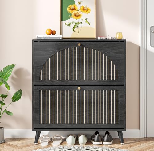 Shoe Storage Cabinet for Entryway with 2 Flip Drawers, Narrow Wood Shoe Cabinet with Fluted Panel, Freestanding Hidden Shoe Organizer for Foyer, Hallway (Black - with Shelf)