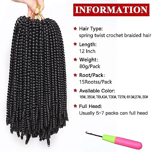 Xtrend 12 Inch 7 Packs Spring Twist Crochet Braids Hair For Butterfly Faux Locks Short Crochet Hair Synthetic Braiding Hair Extensions For Woman (1B#) #TOP1