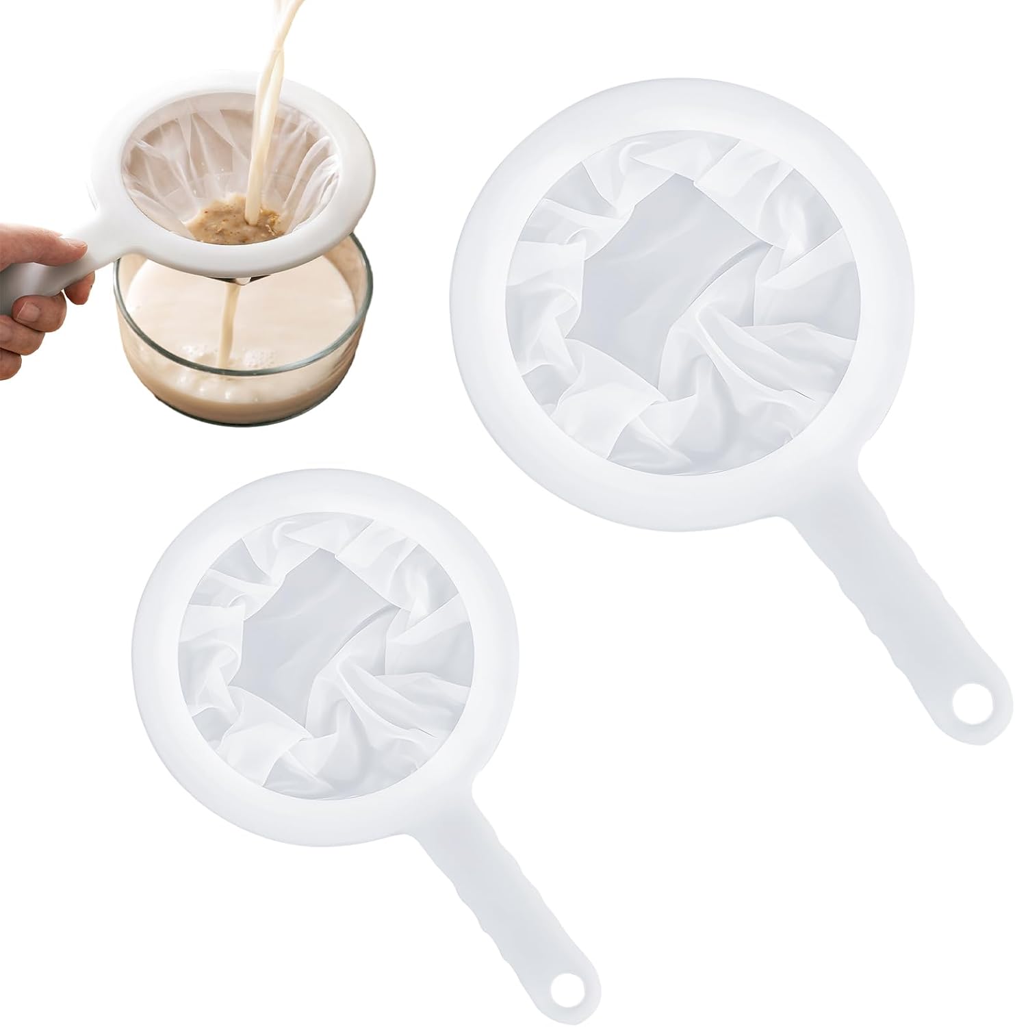 2pcs Mesh Fine Strainer, 200Mesh +400Mesh Ultra Kefir Sieve with Handle, Plastic Juice Yogurt Strainer, Fine Meshs Colander for Straining Cocktail, Nut Milk, Yogurt, Honey, Wine. Coffee, Kefir