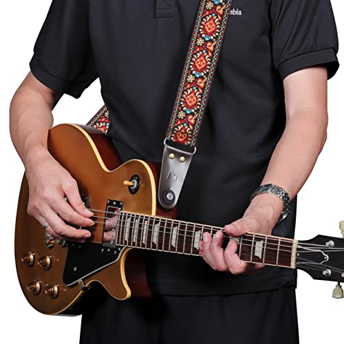 Guitar Strap, Vintage Embroidered Cotton Guitar Straps With Genuine Leather Ends For Bass, Electric & Acoustic Guitars, Come With Free Strap Button, 1 Pair Strap Locks And 4 Guitar Picks (Red Flower) #TOP6