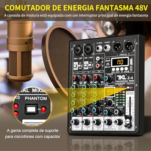 TKLBLS Mixer de áudio Profissional, TKLBLS Mixer de Som Com DSP de 99 bits 48V Phantom Power Interfa