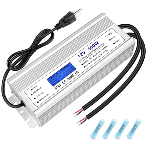 Image of LED Driver 500 Watts, IP67 Waterproof 12V Power Supply, AC 90-140V to DC 12V 41.6A Low Voltage Transformer with 3-Prong Plug 3.28ft Cable for LED Lights, Computer Project, Outdoor Use