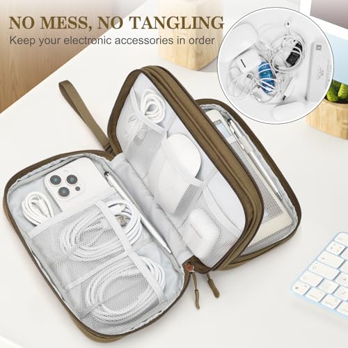 Image of FYY Electronic Organizer, Large Travel Cable Organizer Bag Pouch Electronic Accessories Carry Case Portable Waterproof Double Layers All-in-One Storage Bag for Cable, Cord, Charger, Phone, Brown