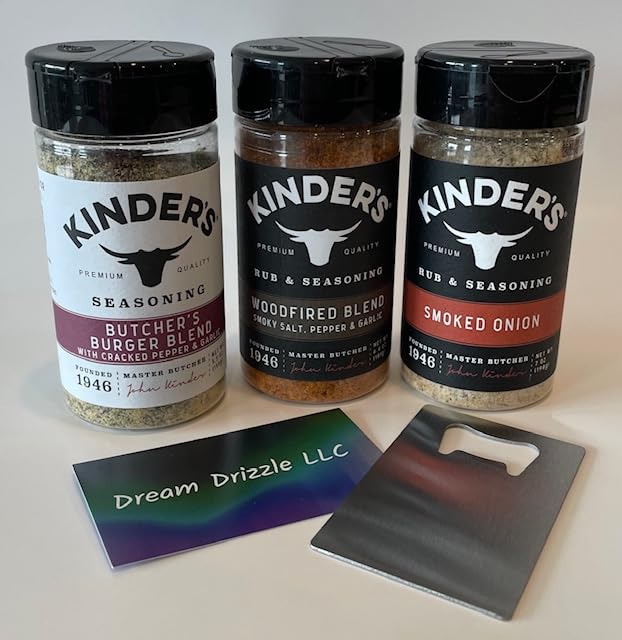 Seasoning Set, KINDERS, Pantry Assortment, The BBQ Blend, Caramelized Onion Butter, and The Steak Blend, Variety 3 pack and handy bottle opener - 4 items!