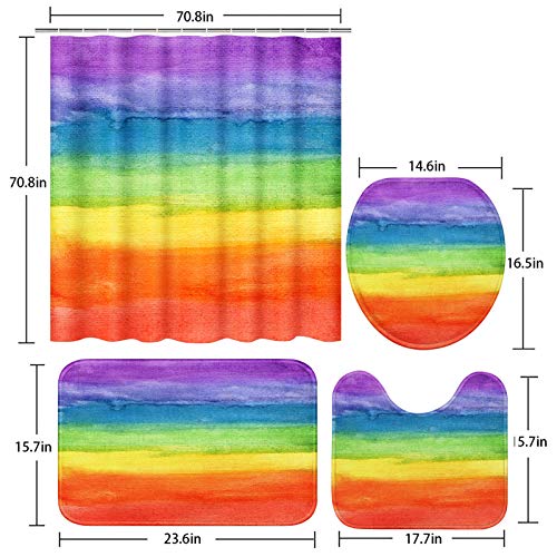 Artsocket 4 Pcs Shower Curtain Set Rainbow Watercolor Stripe Abstract Colorful Striped Creative Vintage With Non-Slip Rugs Toilet Lid Cover And Bath Mat Bathroom Decor Set 72" X 72" #TOP4