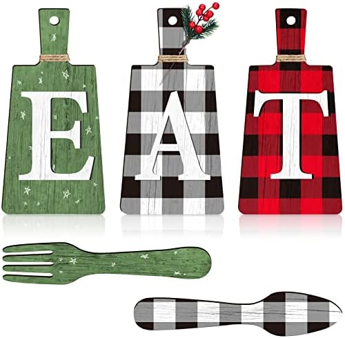 Cutting Board Eat Sign Set Hanging Art Kitchen Eat Sign Fork and Spoon Wall Decor Rustic Primitive Country Farmhouse Kitchen Decor for Kitchen and Home Decoration (Gray, White, Brown)