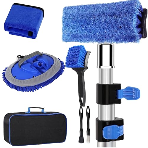 5-12ft Car Wash Kit 8 Piece Thickened Aluminum Telescopic Rod Cleaning Brush Tire Brush 180 Chenille Mop Fiber Towel Storage Bag 2-Piece Detail Brush Car RV Truck Clean Kit