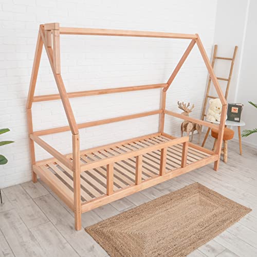 BUSYWOOD Montessori Bed For Toddlers – Wooden House Bed Frame – Twin Bed – Bed Montessori (Model 1, Natural tree, with Legs & Slats)