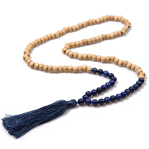 BALIBALI 8MM Semi-Precious Gem Stones Wood Mala Bead Necklace Multicolor Tassel Charms Chain Necklace Handmade Beaded Pendant Necklace for Women Men4