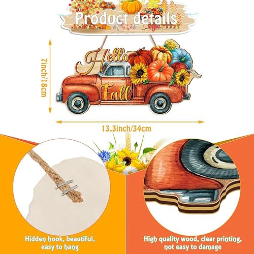 Image of ANGEL INFINITE Hello Fall Wooden Wall Hanging Decor | Premium Harvest Truck Decorative Sign with Pumpkins & Sunflowers | Rustic Autumn Door Hanging for Living Room & Entrance (34x18 cm)