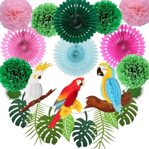 Fzyisw 23 Stück Dschungel Deko Geburtstag Hawaii Party Gartenparty Deko Papagei Deko Vogel Sommer Deko Blätter Girlande Pompons Deko und Papierfächer für Dschungel Deko, Sommerdeko, Hawaii Deko